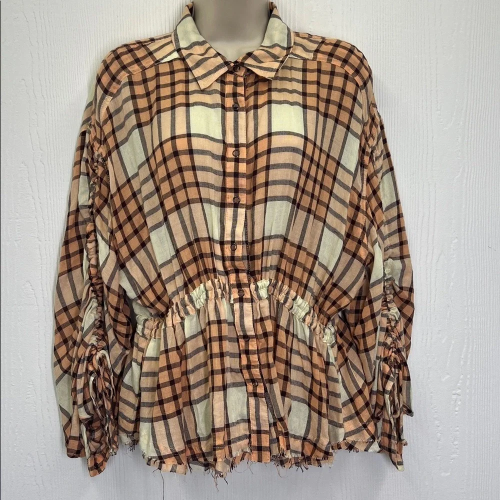 Free People - Pacific Dawn Peach And Cream Plaid Cinched Back Blouse Size Small